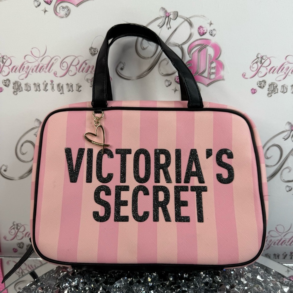Victoria's Secret Pink Striped Cosmetic Tote with Black Handles see through rare